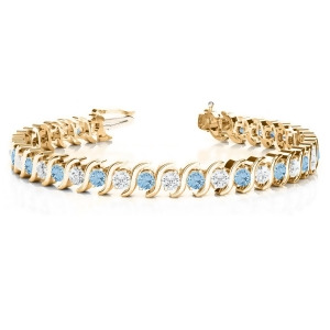Aquamarine and Diamond Tennis S Link Bracelet 18k Yellow Gold 6.00ct - All