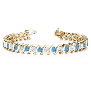 Blue Topaz and Diamond Tennis S Link Bracelet 18k Yellow Gold 6.00ct - All