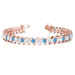 Blue Topaz and Diamond Tennis S Link Bracelet 18k Rose Gold 6.00ct - All