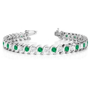 Emerald and Diamond Tennis S Link Bracelet 18k White Gold 6.00ct - All