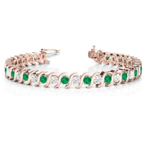 Emerald and Diamond Tennis S Link Bracelet 18k Rose Gold 6.00ct - All