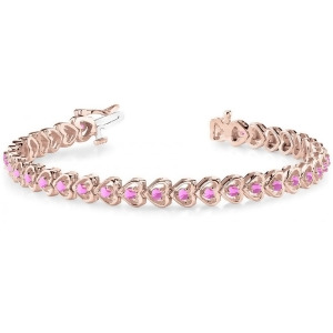 Pink Sapphire Tennis In Line Heart Link Bracelet 14k Rose Gold 2.00ct - All