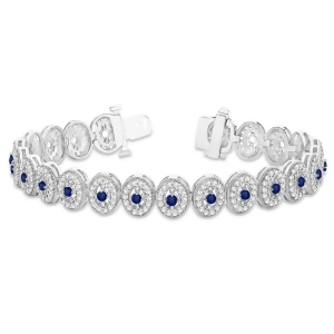 Blue Sapphire Halo Vintage Bracelet 18k White Gold 6.00ct - All