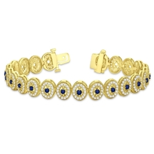 Blue Sapphire Halo Vintage Bracelet 18k Yellow Gold 6.00ct - All