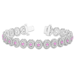 Pink Sapphire Halo Vintage Bracelet 18k White Gold 6.00ct - All