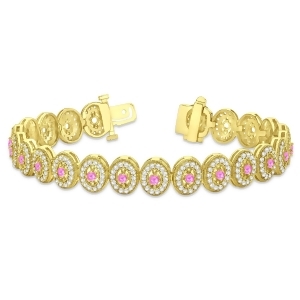 Pink Sapphire Halo Vintage Bracelet 18k Yellow Gold 6.00ct - All