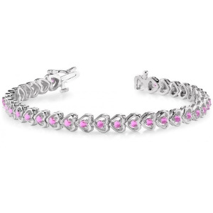 Pink Sapphire Tennis In Line Heart Link Bracelet 14k White Gold 2.00ct - All