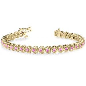 Pink Sapphire Tennis In Line Heart Link Bracelet 14k Yellow Gold 2.00ct - All
