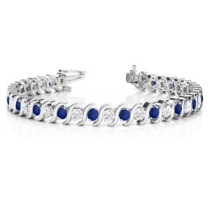 Blue Sapphire and Diamond Tennis S Link Bracelet 14k White Gold 4.00ct - All