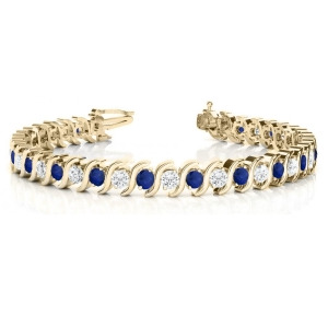 Blue Sapphire and Diamond Tennis S Link Bracelet 14k Yellow Gold 4.00ct - All