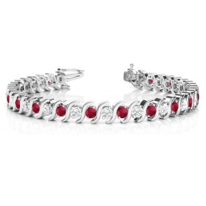 Ruby and Diamond Tennis S Link Bracelet 14k White Gold 4.00ct - All