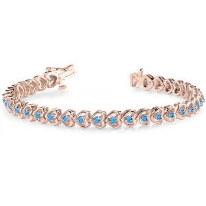 Blue Topaz Tennis Heart Link Bracelet 14k Rose Gold 2.00ct - All