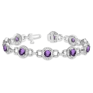 Luxury Halo Amethyst and Diamond Link Bracelet 18k White Gold 8.00ct - All