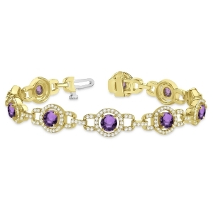 Luxury Halo Amethyst and Diamond Link Bracelet 18k Yellow Gold 8.00ct - All