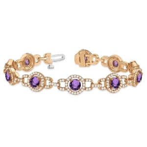 Luxury Halo Amethyst and Diamond Link Bracelet 18k Rose Gold 8.00ct - All