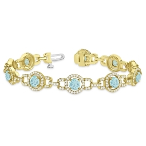 Luxury Halo Aquamarine and Diamond Link Bracelet 18k Yellow Gold 8.00ct - All
