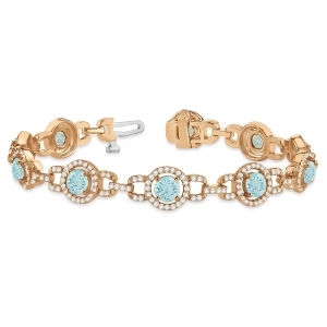 Luxury Halo Aquamarine and Diamond Link Bracelet 18k Rose Gold 8.00ct - All