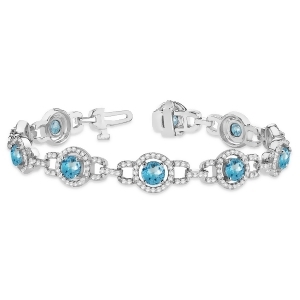 Luxury Halo Blue Topaz and Diamond Link Bracelet 18k White Gold 8.00ct - All