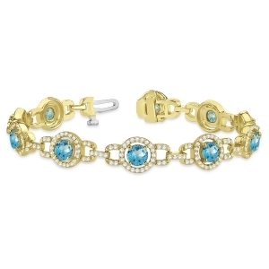 Luxury Halo Blue Topaz and Diamond Link Bracelet 18k Yellow Gold 8.00ct - All
