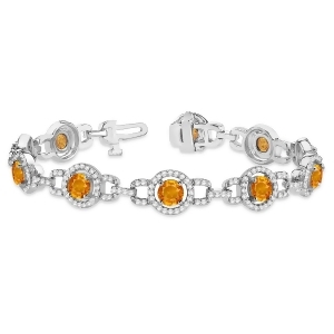 Luxury Halo Citrine and Diamond Link Bracelet 18k White Gold 8.00ct - All