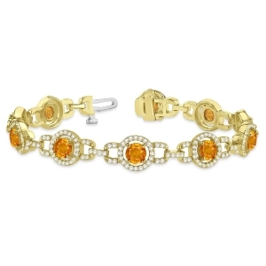 Luxury Halo Citrine and Diamond Link Bracelet 18k Yellow Gold 8.00ct - All