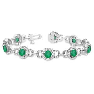 Luxury Halo Emerald and Diamond Link Bracelet 18k White Gold 8.00ct - All