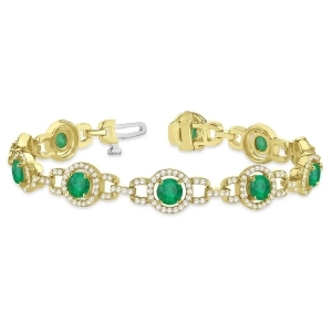 Luxury Halo Emerald and Diamond Link Bracelet 18k Yellow Gold 8.00ct - All