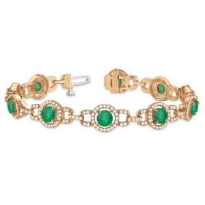 Luxury Halo Emerald and Diamond Link Bracelet 18k Rose Gold 8.00ct - All