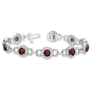 Luxury Halo Garnet and Diamond Link Bracelet 18k White Gold 8.00ct - All