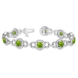 Luxury Halo Peridot and Diamond Link Bracelet 18k White Gold 8.00ct - All