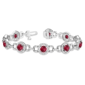 Luxury Halo Ruby and Diamond Link Bracelet 18k White Gold 8.00ct - All