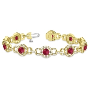 Luxury Halo Ruby and Diamond Link Bracelet 18k Yellow Gold 8.00ct - All