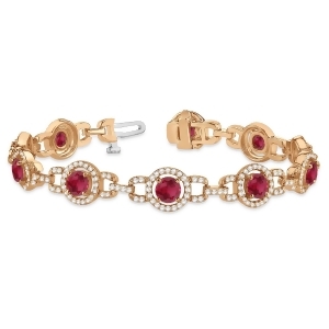 Luxury Halo Ruby and Diamond Link Bracelet 18k Rose Gold 8.00ct - All