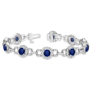 Luxury Halo Blue Sapphire and Diamond Link Bracelet 18k White Gold 8.00ct - All