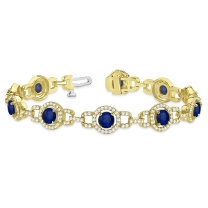 Luxury Halo Blue Sapphire and Diamond Link Bracelet 18k Yellow Gold 8.00ct - All