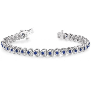Blue Sapphire Tennis Heart Link Bracelet 14k White Gold 2.00ct - All
