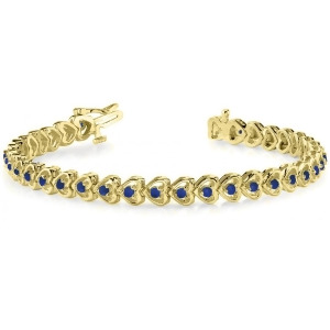 Blue Sapphire Tennis Heart Link Bracelet 14k Yellow Gold 2.00ct - All