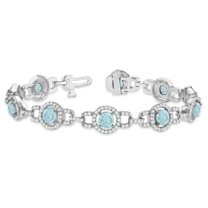 Luxury Halo Aquamarine and Diamond Link Bracelet 14k White Gold 8.00ct - All