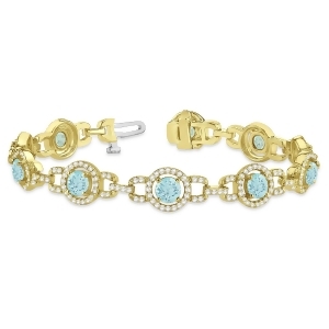Luxury Halo Aquamarine and Diamond Link Bracelet 14k Yellow Gold 8.00ct - All