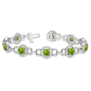 Luxury Halo Peridot and Diamond Link Bracelet 14k White Gold 8.00ct - All