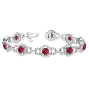 Luxury Halo Ruby and Diamond Link Bracelet 14k White Gold 8.00ct - All