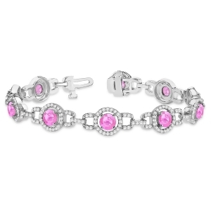 Pink Sapphire Halo Luxury Link Bracelet 14k White Gold 8.00ct - All