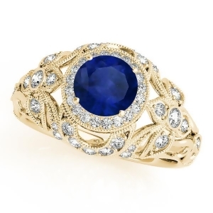 Edwardian Blue Sapphire and Diamond Halo Engagement Ring 14k Y Gold 1.18ct - All