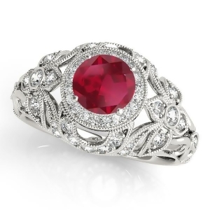 Edwardian Ruby and Diamond Halo Engagement Ring 14k W Gold 1.18ct - All