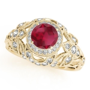 Edwardian Ruby and Diamond Halo Engagement Ring 14k Y Gold 1.18ct - All