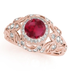 Edwardian Ruby and Diamond Halo Engagement Ring 18k R Gold 1.18ct - All