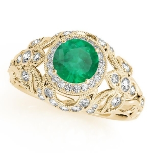 Edwardian Emerald and Diamond Halo Engagement Ring 14k Y Gold 1.18ct - All