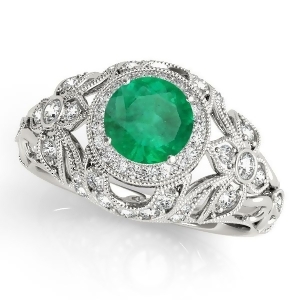 Edwardian Emerald and Diamond Halo Engagement Ring 18k W Gold 1.18ct - All