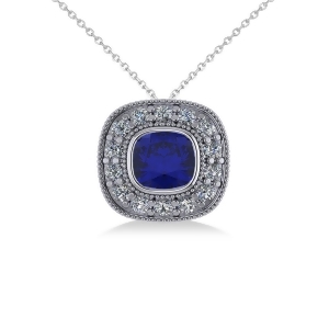 Blue Sapphire and Diamond Halo Cushion Pendant Necklace 14k White Gold 1.62ct - All