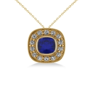Blue Sapphire and Diamond Halo Cushion Pendant Necklace 14k Yellow Gold 1.62ct - All